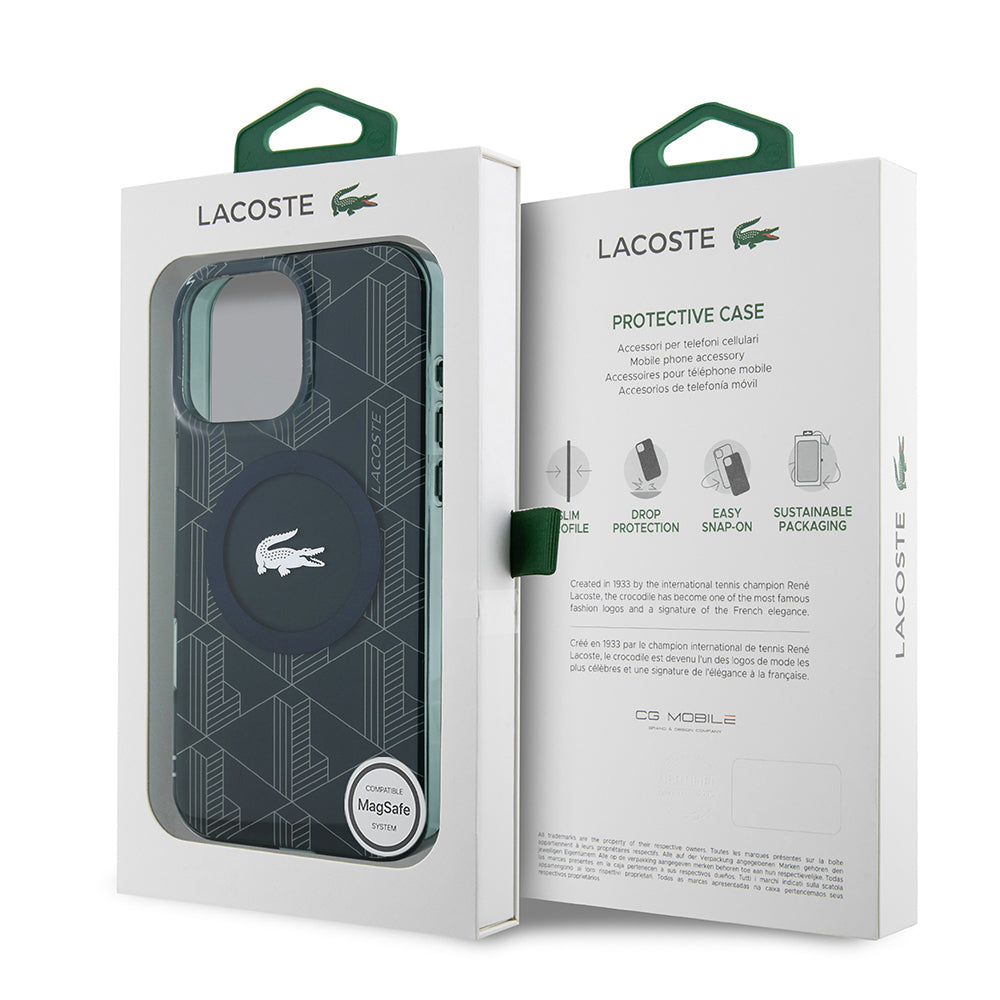 iPhone 16 Pro Max Kılıf Lacoste Orjinal Lisanslı Magsafe Şarj Özellikli IML Baskılı Gümüş Timsah Logolu Monogram Kılıf Yeşil