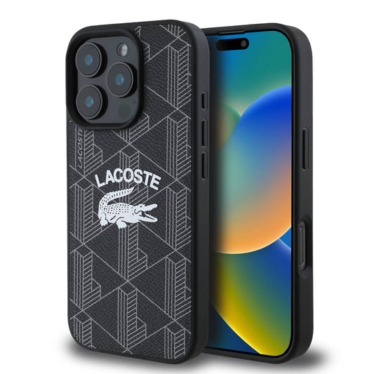 iPhone 16 Pro Max Kılıf Lacoste Orjinal Lisanslı Magsafe Şarj Özellikli Mono Vintage Logo Kılıf Siyah