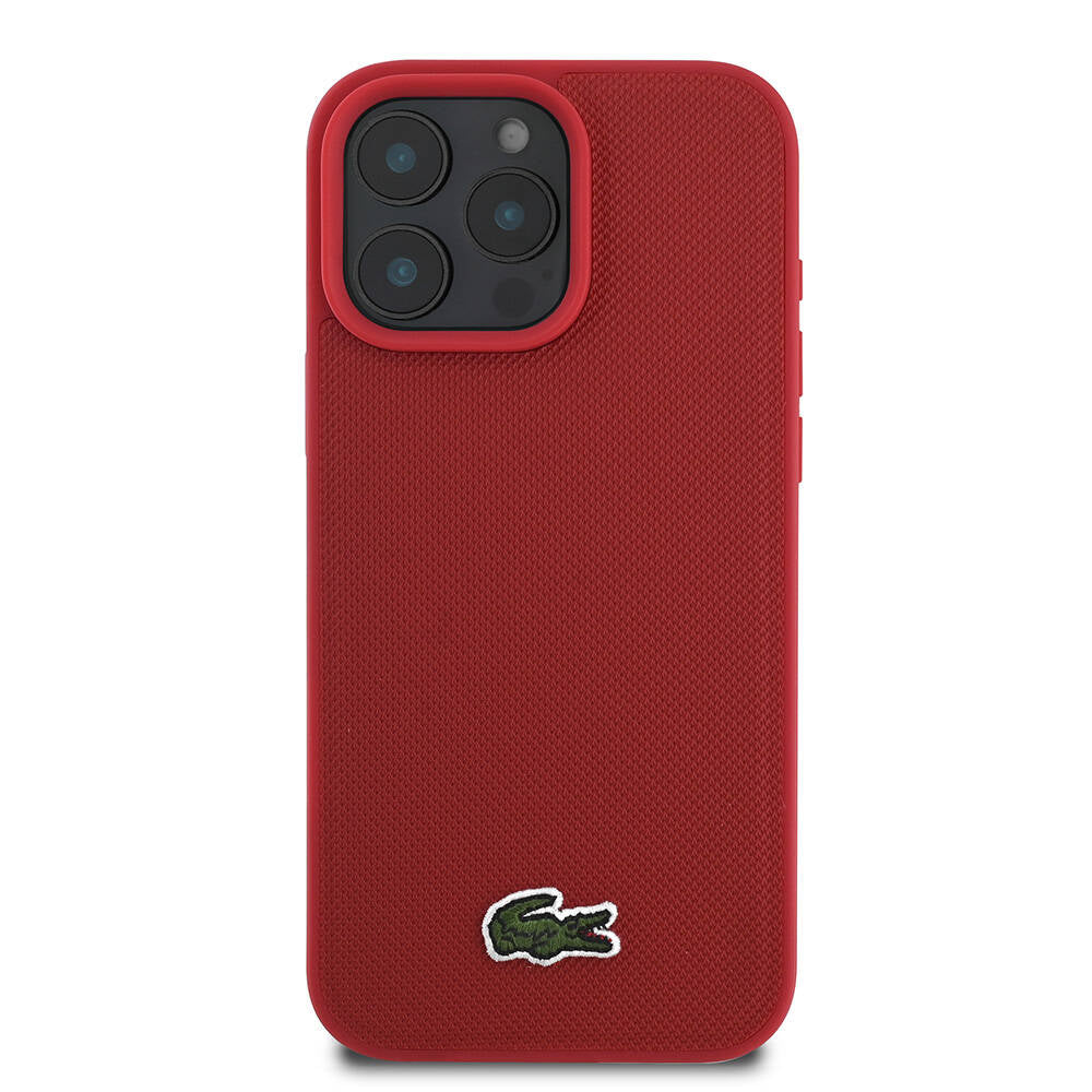 iPhone 16 Pro Max Kılıf Lacoste Orjinal Lisanslı PU Pike Desenli Arka Yüzey İkonik Timsah Dokuma Logolu Kılıf Kırmızı