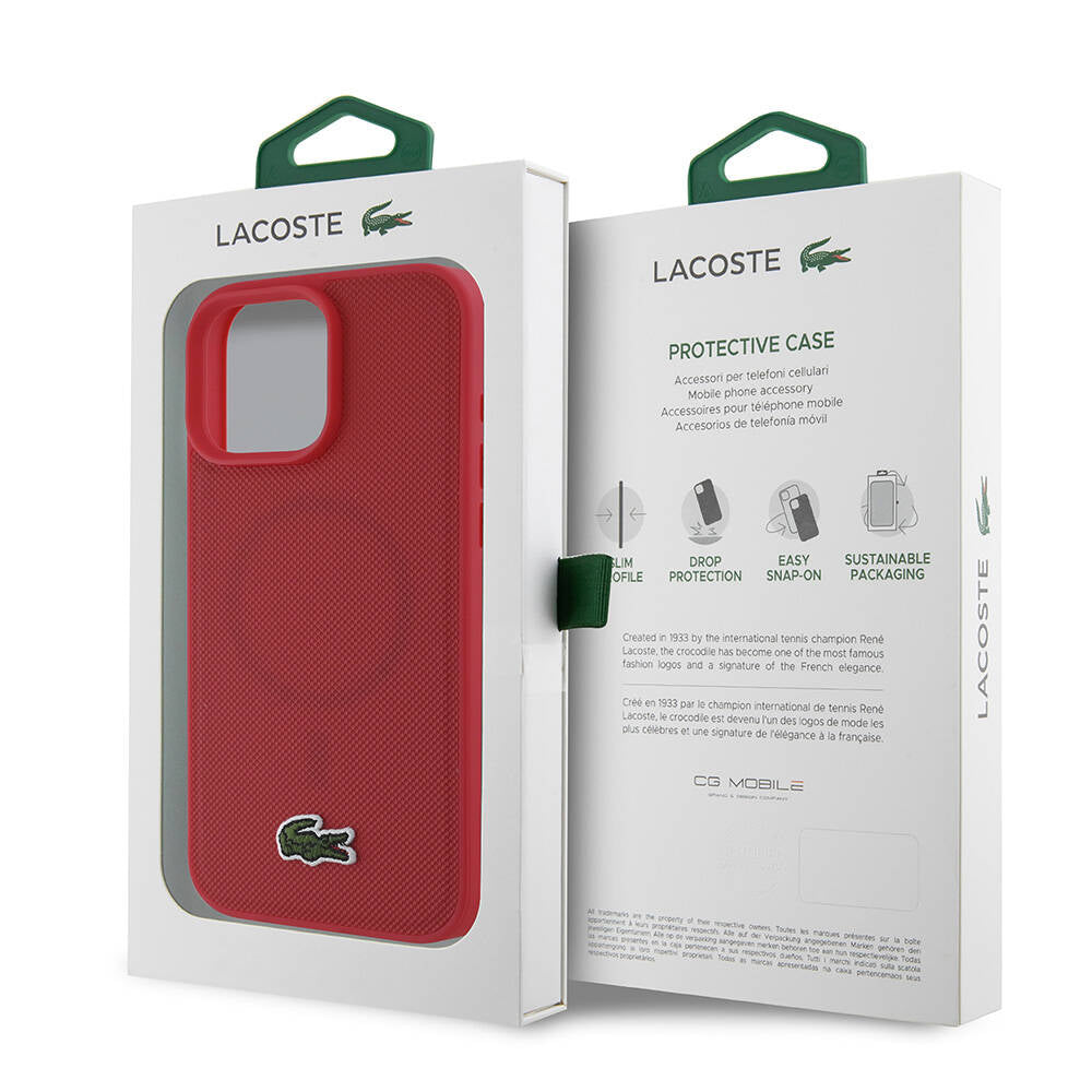 iPhone 16 Pro Max Kılıf Lacoste Orjinal Lisanslı PU Pike Desenli Arka Yüzey İkonik Timsah Dokuma Logolu Kılıf Kırmızı