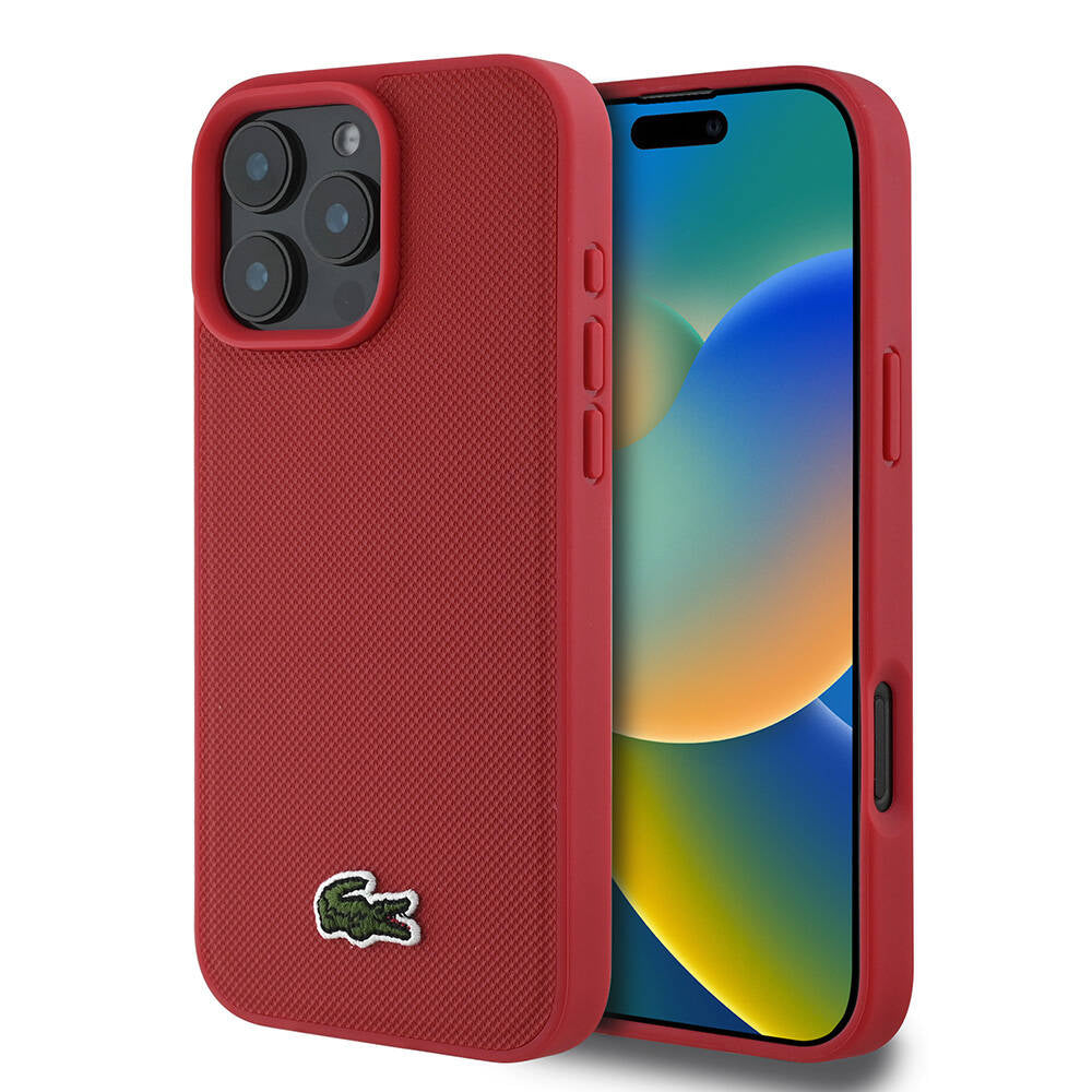 iPhone 16 Pro Max Kılıf Lacoste Orjinal Lisanslı PU Pike Desenli Arka Yüzey İkonik Timsah Dokuma Logolu Kılıf Kırmızı