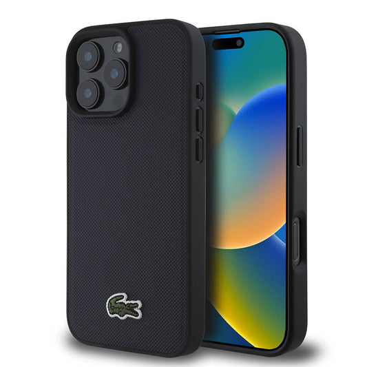 iPhone 16 Pro Max Kılıf Lacoste Orjinal Lisanslı PU Pike Desenli Arka Yüzey İkonik Timsah Dokuma Logolu Kılıf Lacivert