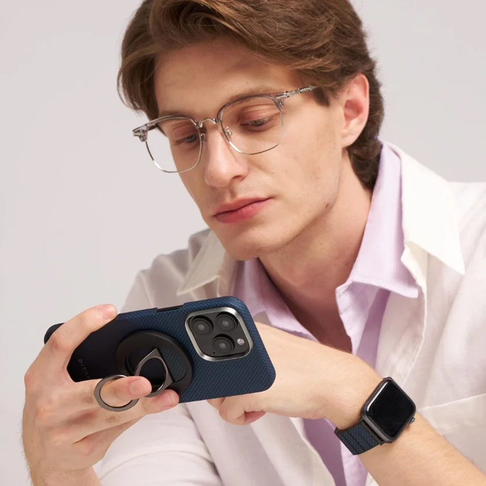 iPhone 16 Pro Max Kılıf Magsafe Şarj Özellikli Grip 3 Standlı Aramid Fiber Pitaka Tactile Woven Sunset-Moonrise Serisi Moonrise Kılıf Mavi