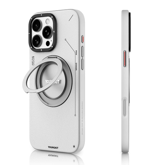 iPhone 16 Pro Max Kılıf Magsafe Şarj Özellikli 360° Standlı Basit Mat Deri Desenli Youngkit Tech Leather Serisi Kılıf Gri