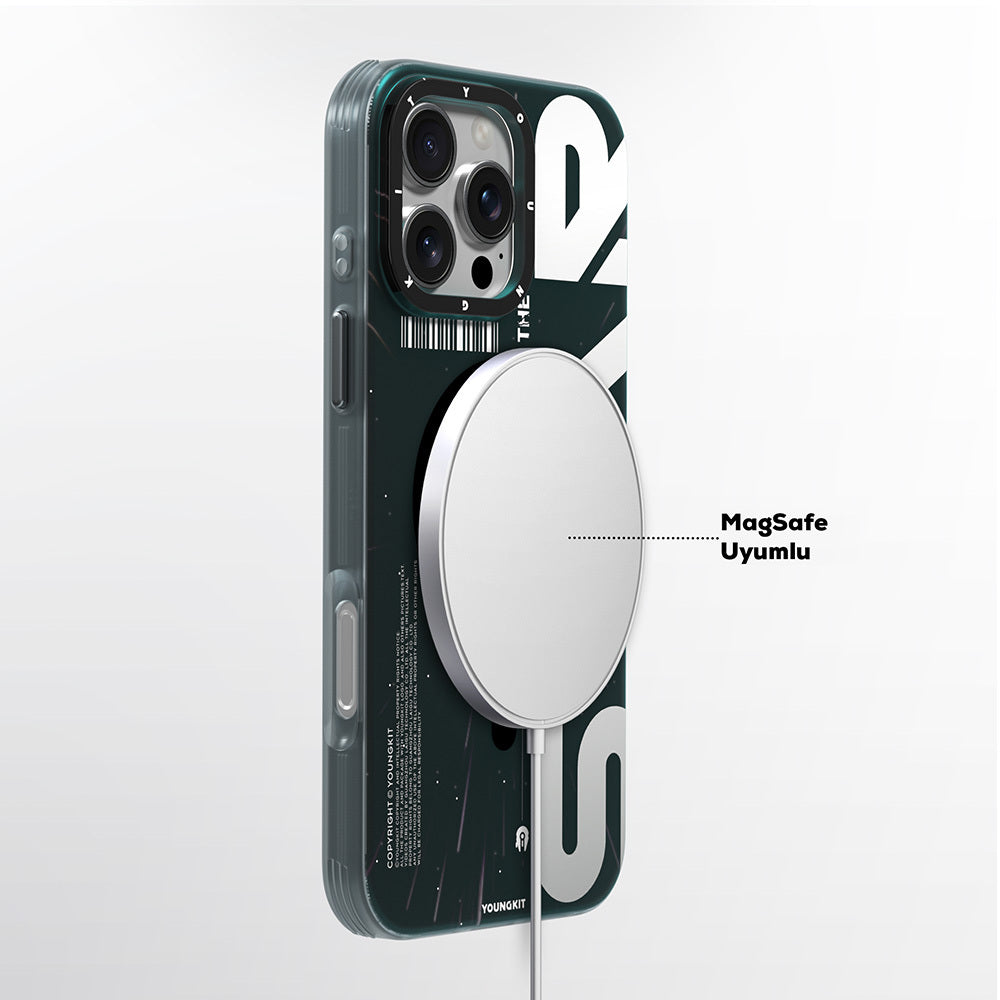 iPhone 16 Pro Max Kılıf Magsafe Şarj Özellikli Airbagli Hologram Tasarımlı Youngkit Interstellar Serisi Kılıf Siyah-Beyaz