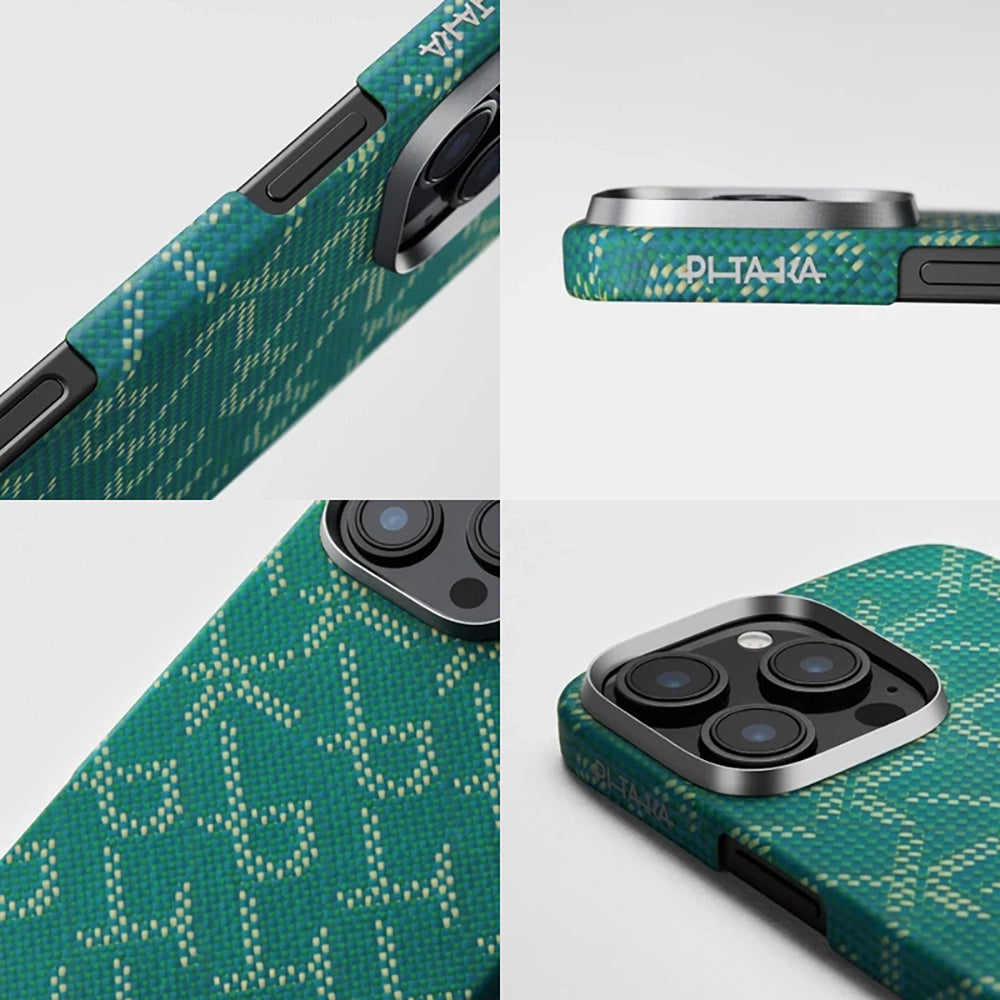 Apple iPhone 16 Pro Max Kılıf M-safe Şarj Özellikli Aramid Fiber Pitaka Tactile Woven Monogram Serisi Kapak Siyah
