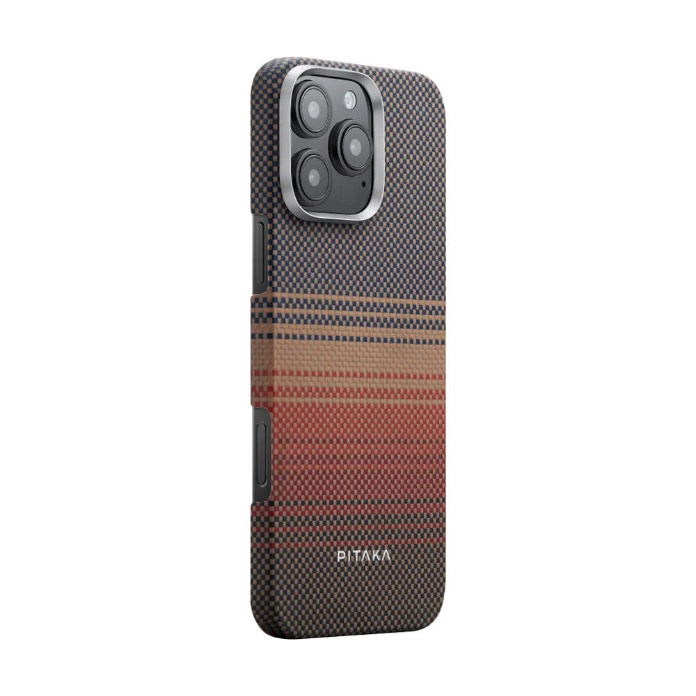 iPhone 16 Pro Max Kılıf Magsafe Şarj Özellikli Aramid Fiber Pitaka Tactile Woven Sunset-Moonrise Serisi Sunset Kılıf Kahverengi