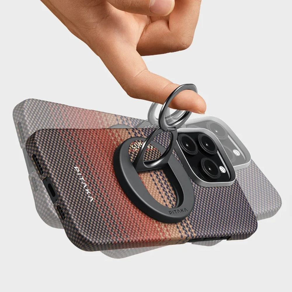 iPhone 16 Pro Max Kılıf Magsafe Şarj Özellikli Grip 3 Standlı Aramid Fiber Pitaka Tactile Woven Sunset-Moonrise Serisi Sunset Kılıf Kahverengi