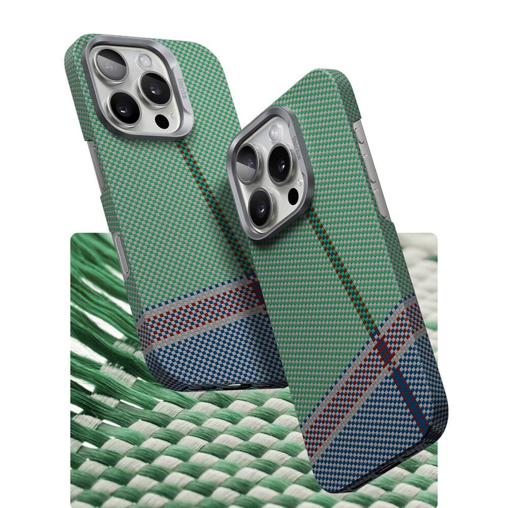iPhone 16 Pro Max Kılıf Magsafe Şarj Özellikli Karbon Fiber Tasarımlı Benks Passion Green ArmorAir Kevlar Kılıf Yeşil