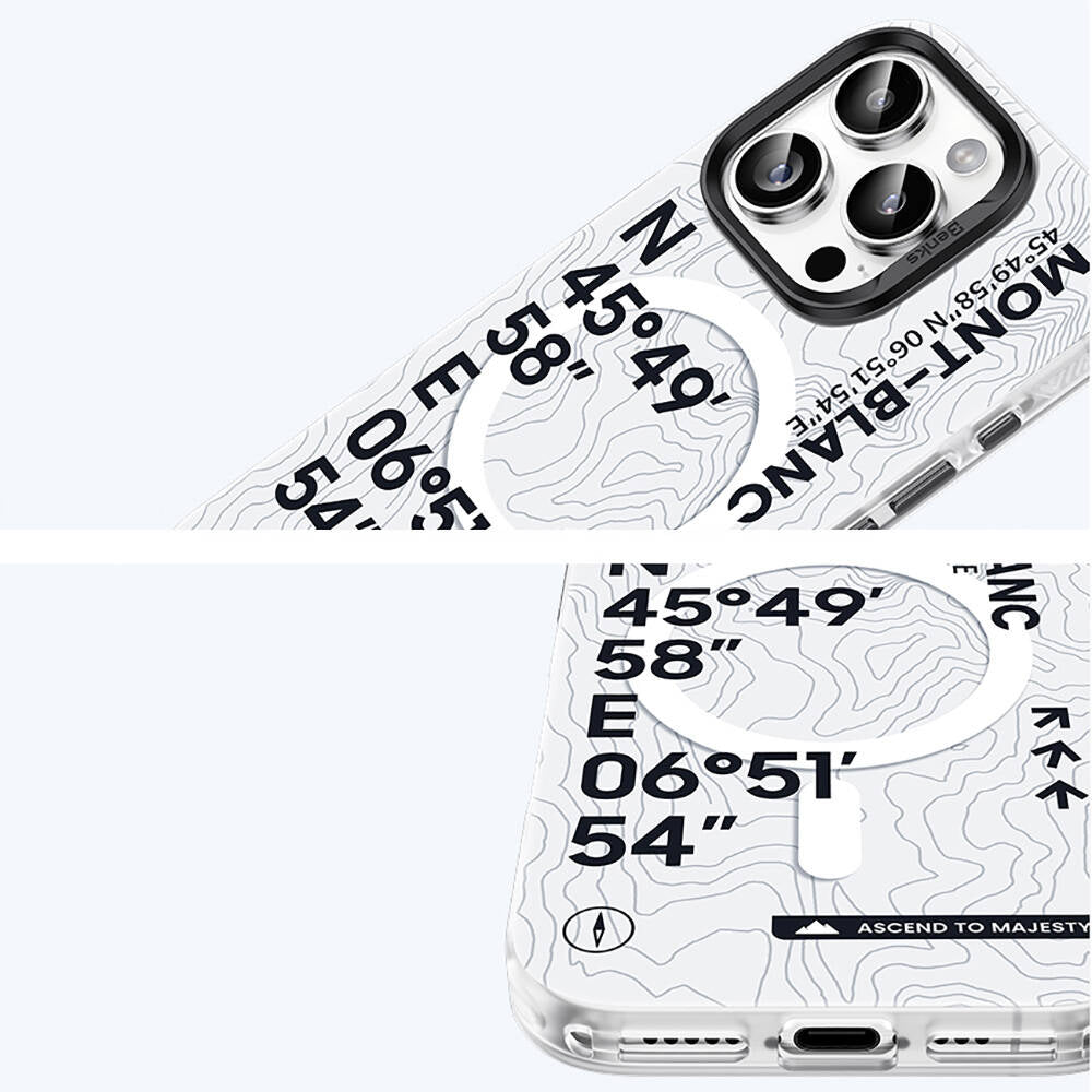 iPhone 16 Pro Max Kılıf Magsafe Şarj Özellikli Koordinat Yazı Desenli Benks Summit Serisi Kılıf Beyaz