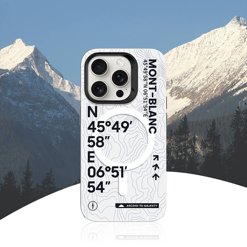 iPhone 16 Pro Max Kılıf Magsafe Şarj Özellikli Koordinat Yazı Desenli Benks Summit Serisi Kılıf Beyaz