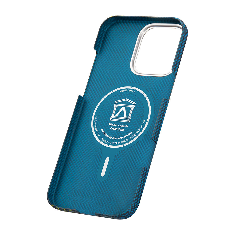 iPhone 16 Pro Max Kılıf Magsafe Şarj Özellikli Lumintex Teknolojili Fosforlu Aramid Fiber Pitaka Tactile Woven Aries Serisi Credit Card Kılıf Yeşil-Mavi