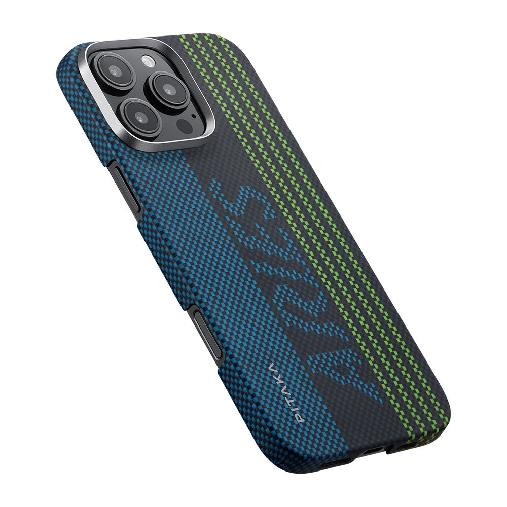 iPhone 16 Pro Max Kılıf Magsafe Şarj Özellikli Lumintex Teknolojili Fosforlu Aramid Fiber Pitaka Tactile Woven Aries Serisi Credit Card Kılıf Yeşil-Mavi