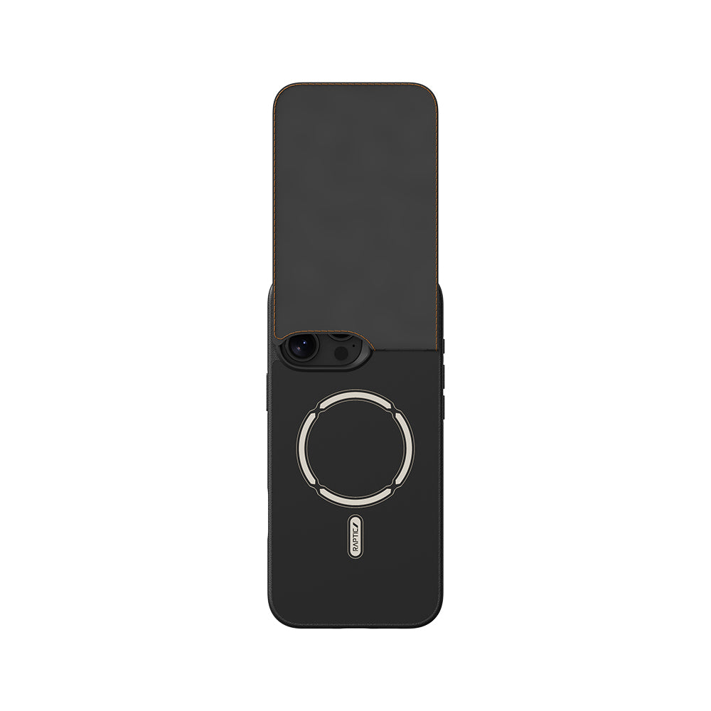 Apple iPhone 16 Pro Max Kılıf M-safe Şarj Özellikli Raptic Slim Wallet Serisi Deri Görünümlü Kartlıklı Standlı Kapak Siyah