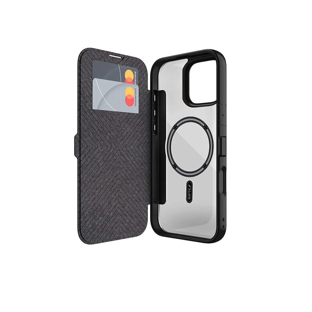 Apple iPhone 16 Pro Max Kılıf M-safe Şarj Özellikli Vegan Deri Tasarımlı Şeffaf Arka Yüzey Kartlıklı Raptic Urban Folio Serisi Kapak