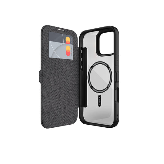 Apple iPhone 16 Pro Max Kılıf M-safe Şarj Özellikli Vegan Deri Tasarımlı Şeffaf Arka Yüzey Kartlıklı Raptic Urban Folio Serisi Kapak