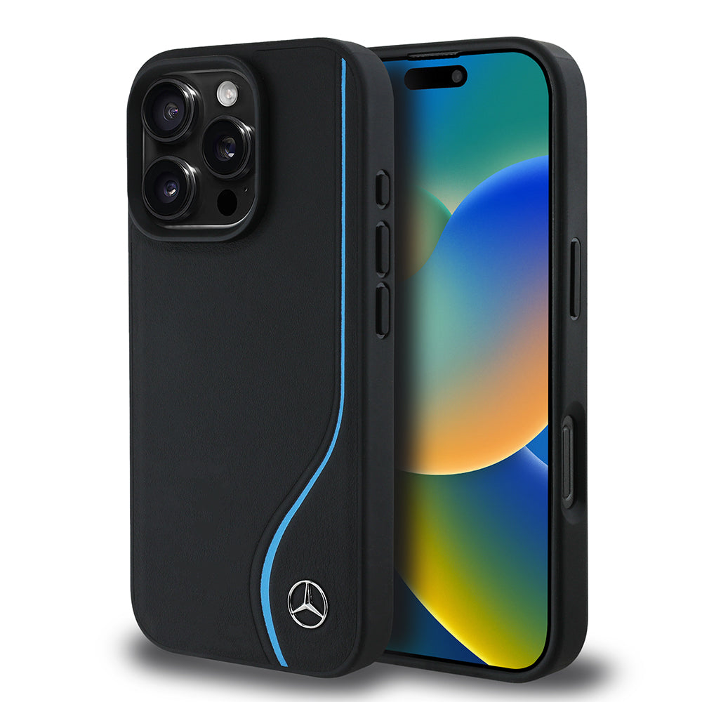Apple iPhone 16 Pro Max Kılıf Mercedes Benz Orjinal Lisanslı M-safe Şarj Özellikli 3D Metal Logolu Mavi Dikey Eğri Çizgili Deri Kapak Siyah