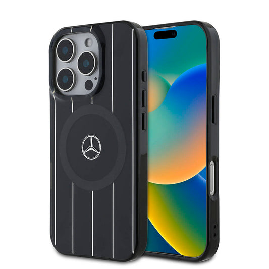 iPhone 16 Pro Max Kılıf Mercedes Benz Orjinal Lisanslı Magsafe Şarj Özellikli Çift Katmanlı Paralel Çizgi Desenli Kılıf Siyah