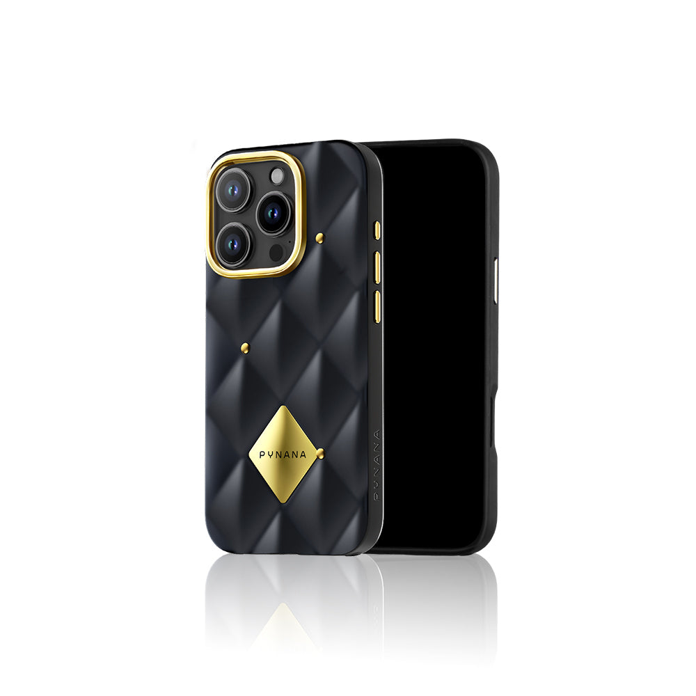 Apple iPhone 16 Pro Max Kılıf Parlak Arka Yüzeyli Kabartma Tasarımlı Kapitone Pynana Metal Diamond Serisi Kapak Siyah