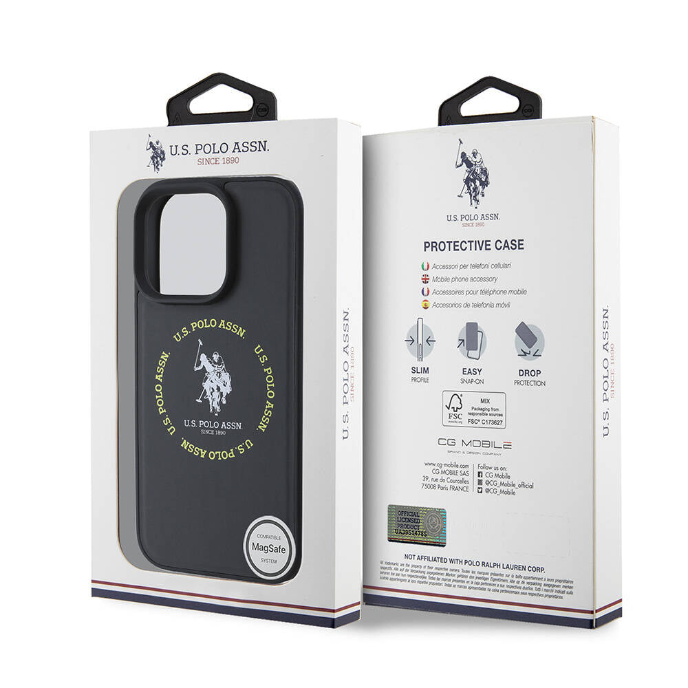 iPhone 16 Pro Max Kılıf U.S. Polo Assn. Orjinal Lisanslı Magsafe Şarj Özellikli Circle ve Double Horse Logolu Deri Kılıf Siyah