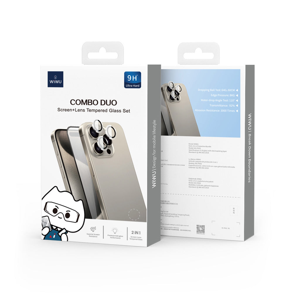 iPhone 16 Pro Wiwu Wi-IP002 2in1 Temperli Cam Ahize Toz Önleyici Ekran Koruyucu ve Kamera Lens Koruyucu Set Şeffaf