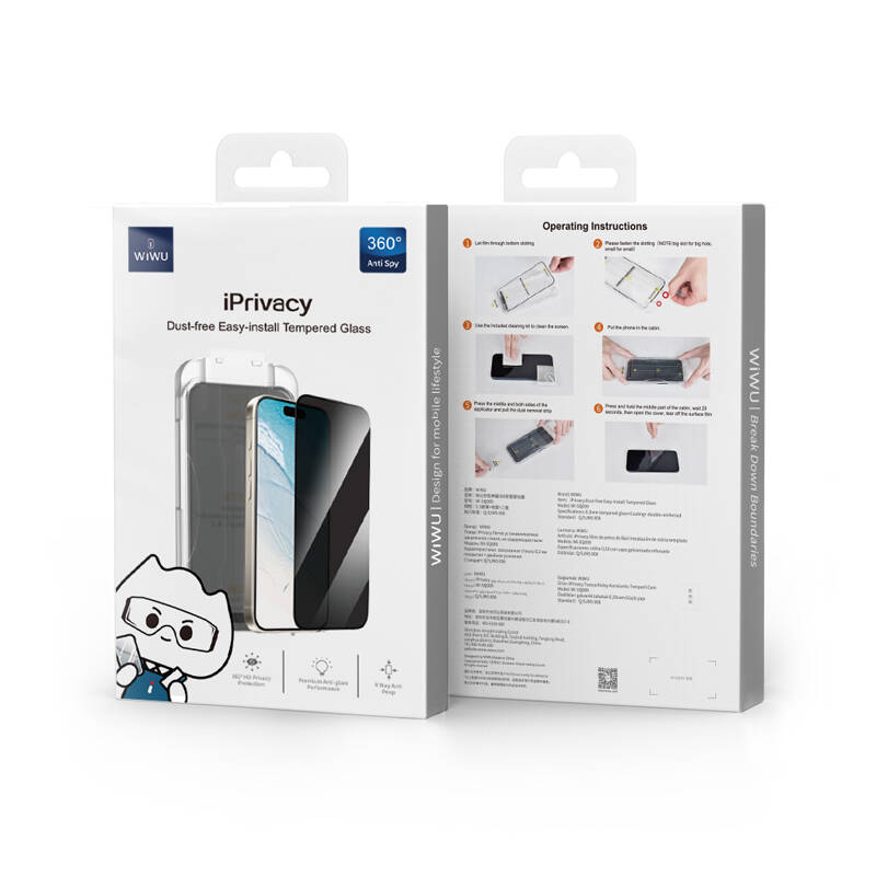 iPhone 16 Pro Wiwu Wi-SQ009 Easy Install iPrivacy 360° Anti-Peep Oleofobik Temperli Cam Ekran Koruyucu + Kolay Uygulama Aparatlı Siyah