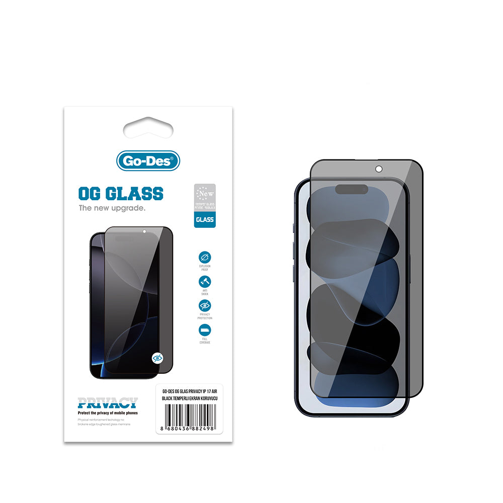 Apple iPhone 17 Air Go Des OG Glass Privacy Antistatik Temperli Cam Ekran Koruyucu