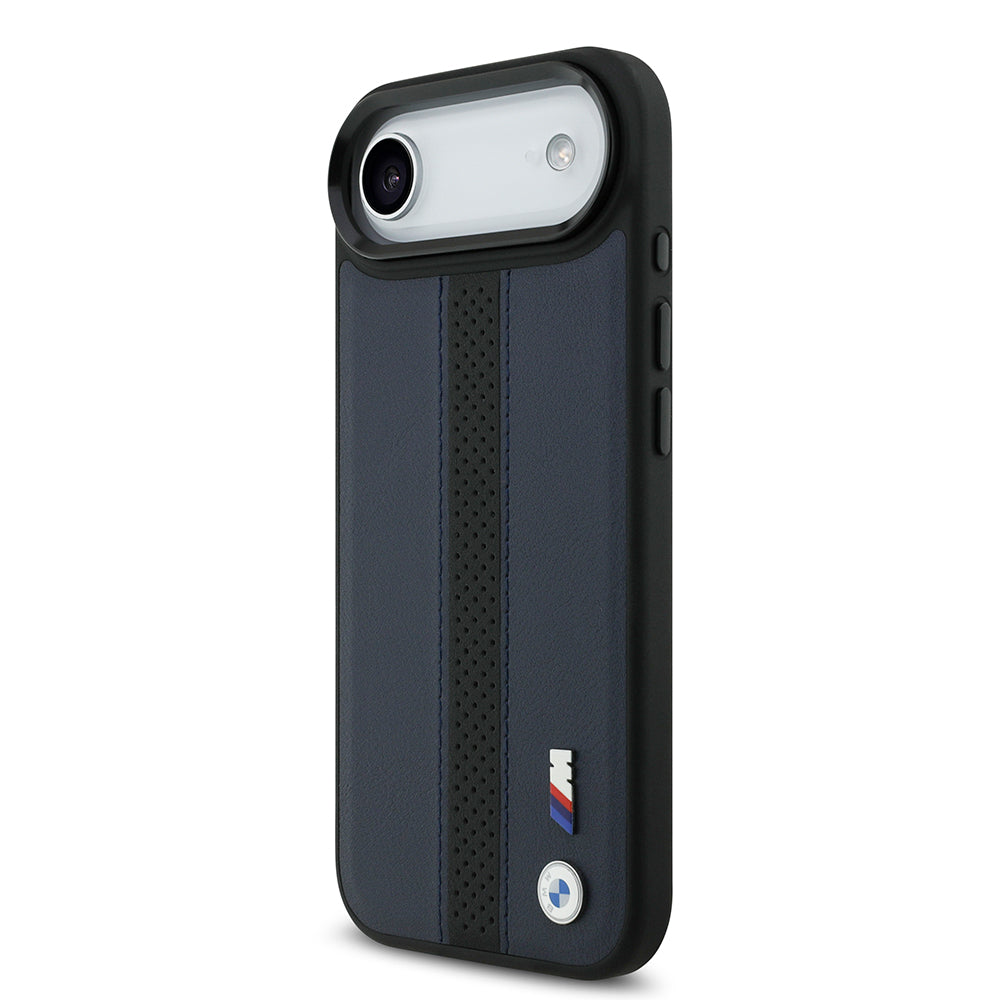 Apple iPhone 17 Air Kılıf BMW Orjinal Lisanslı M-safe Şarj Özellikli Deri Arka Yüzey Metal Logolu Delikli Şerit Tasarımlı Kapak  Mavi