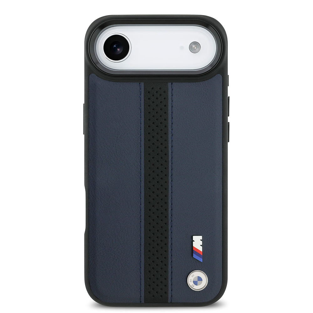 Apple iPhone 17 Air Kılıf BMW Orjinal Lisanslı M-safe Şarj Özellikli Deri Arka Yüzey Metal Logolu Delikli Şerit Tasarımlı Kapak  Lacivert