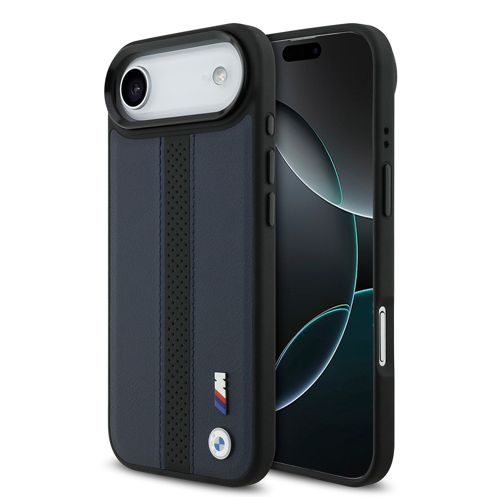 Apple iPhone 17 Air Kılıf BMW Orjinal Lisanslı M-safe Şarj Özellikli Deri Arka Yüzey Metal Logolu Delikli Şerit Tasarımlı Kapak