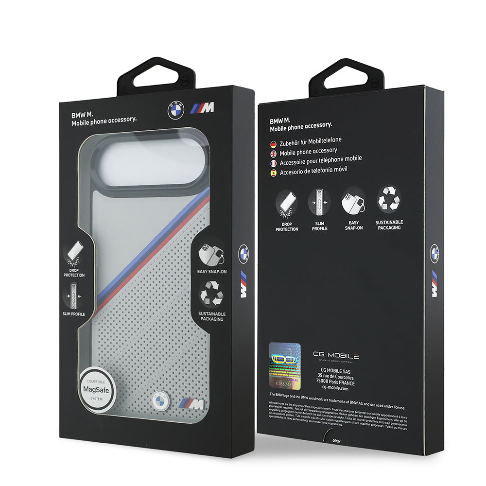 Apple iPhone 17 Air Kılıf BMW Orjinal Lisanslı M-safe Şarj Özellikli M Logolu Üç Şeritli Delikli Deri Kapak Gri