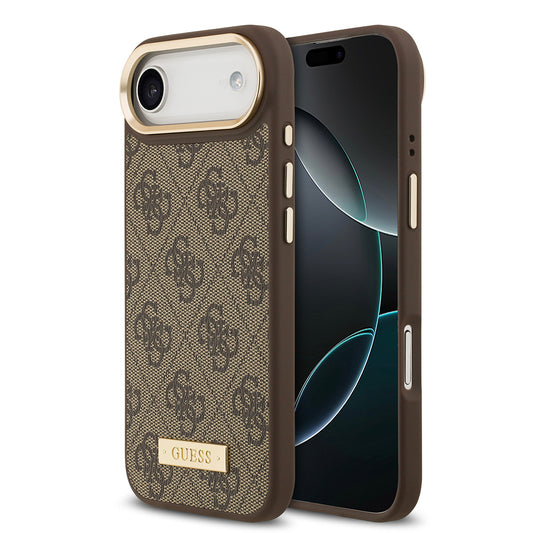 Apple iPhone 17 Air Kılıf Guess Orjinal Lisanslı M-safe Şarj Özellikli 4G Desenli PU Metal Plaka Klasik Logolu Kapak