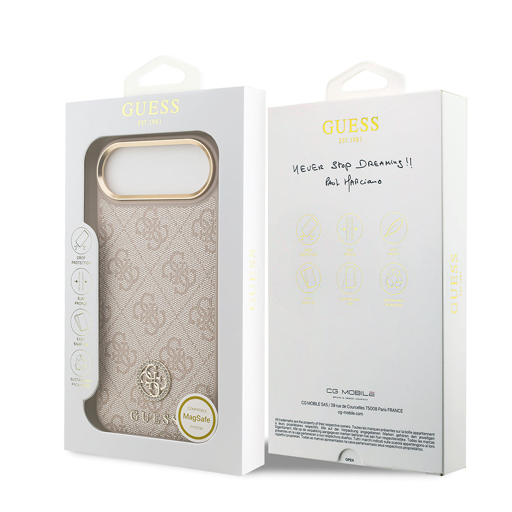 Apple iPhone 17 Air Kılıf Guess Orjinal Lisanslı M-safe Şarj Özellikli Gold Metal Kamera Çerçeveli Taşlı 4G Logolu Kapak Pembe