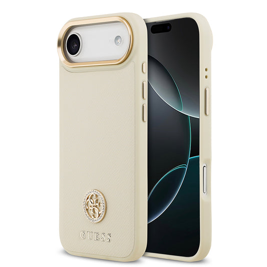 Apple iPhone 17 Air Kılıf Guess Orjinal Lisanslı M-safe Şarj Özellikli Grained Yazı ve Taşlı 4G Logolu Kapak Kahverengi
