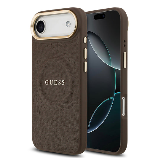 Apple iPhone 17 Air Kılıf Guess Orjinal Lisanslı M-safe Şarj Özellikli Sıcak Baskılı Yazı Logolu PU Deri Peony Kapak Siyah