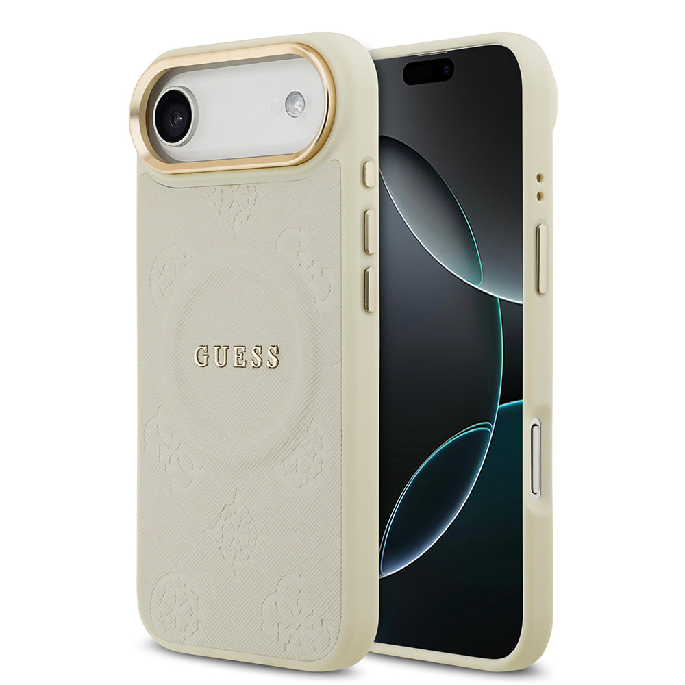 Apple iPhone 17 Air Kılıf Guess Orjinal Lisanslı M-safe Şarj Özellikli Sıcak Baskılı Yazı Logolu PU Deri Peony Kapak