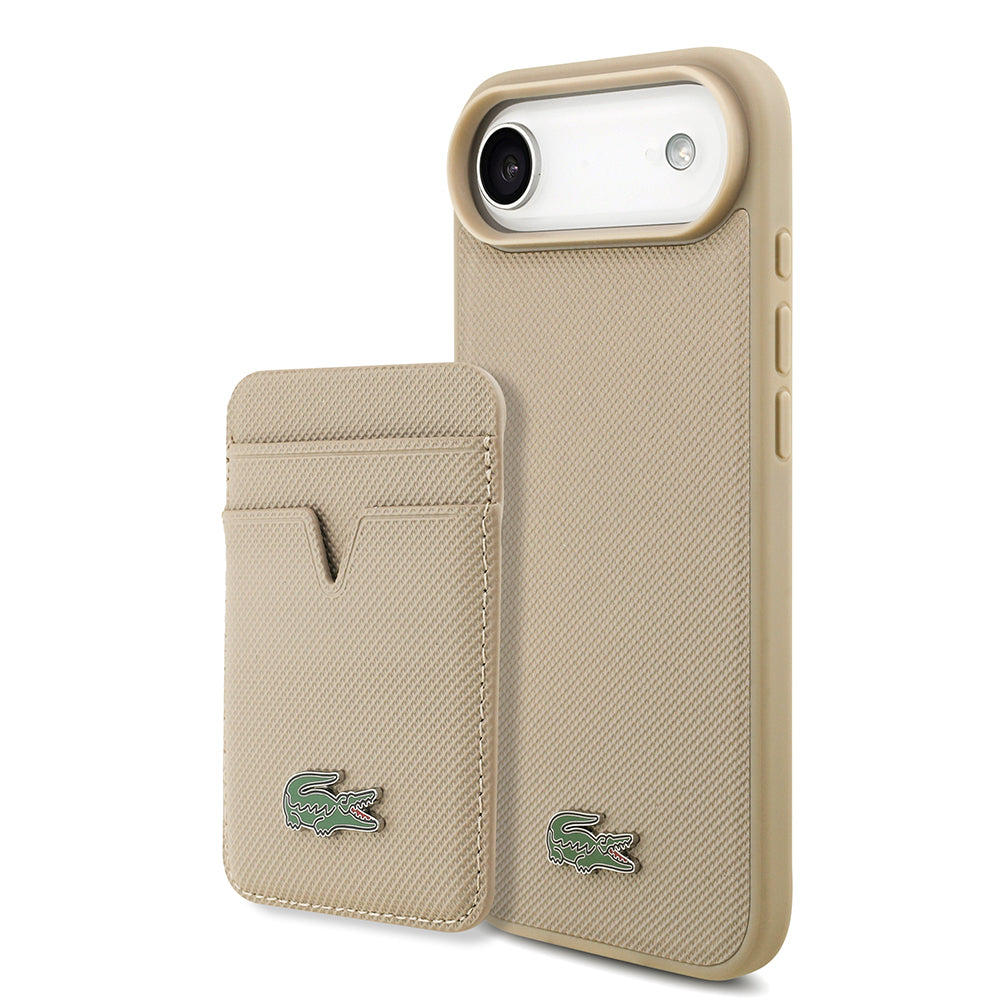 Apple iPhone 17 Air Kılıf Lacoste Orjinal Lisanslı M-safe Şarj Özellikli PU Pike Desenli Metal Logolu Kartlıklı Kapak