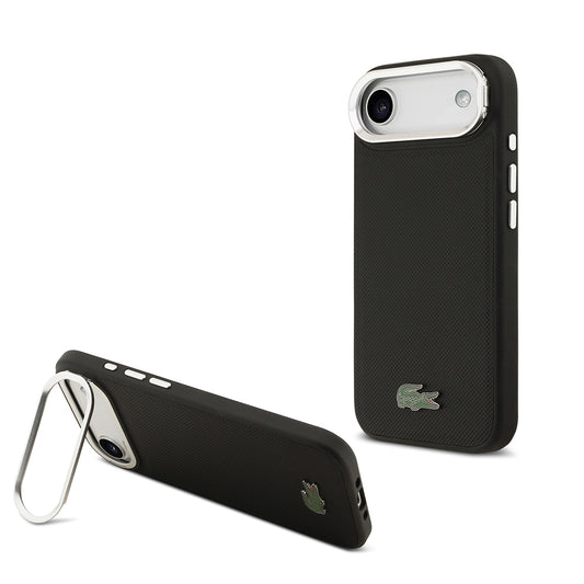 Apple iPhone 17 Air Kılıf Lacoste Orjinal Lisanslı M-safe Şarj Özellikli PU Pike Desenli Standlı Metal Logolu Kapak