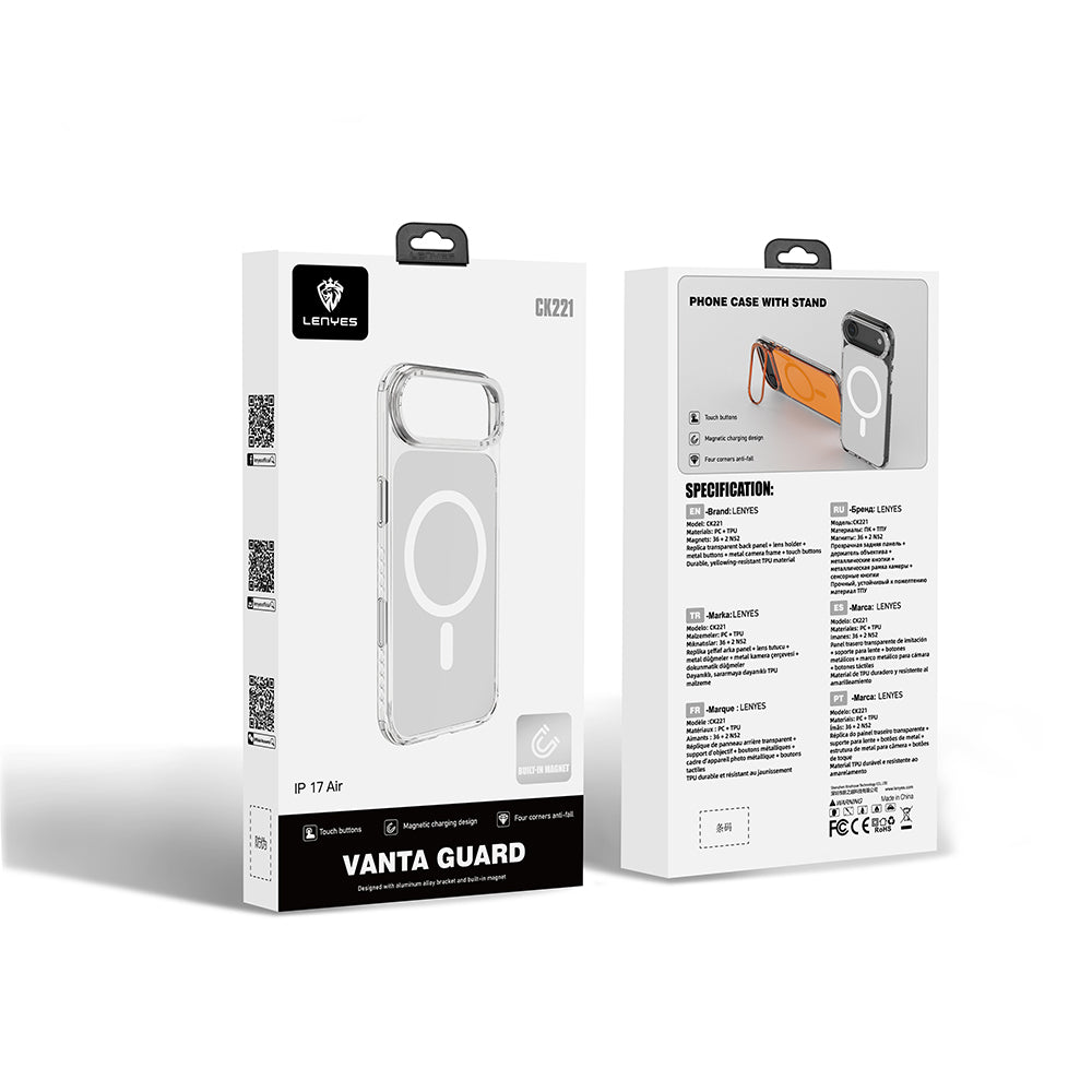 Apple iPhone 17 Air Kılıf M-safe Şarj Özellikli Metal Kamera Çerçeveli Airbag Tasarımlı Lenyes CK221 Sert PC Kapak Şeffaf