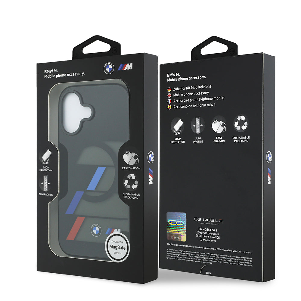 Apple iPhone 17 Kılıf BMW Orjinal Lisanslı M-safe Şarj Özellikli IML Baskılı Üç Renkli M Dizayn Kapak Siyah