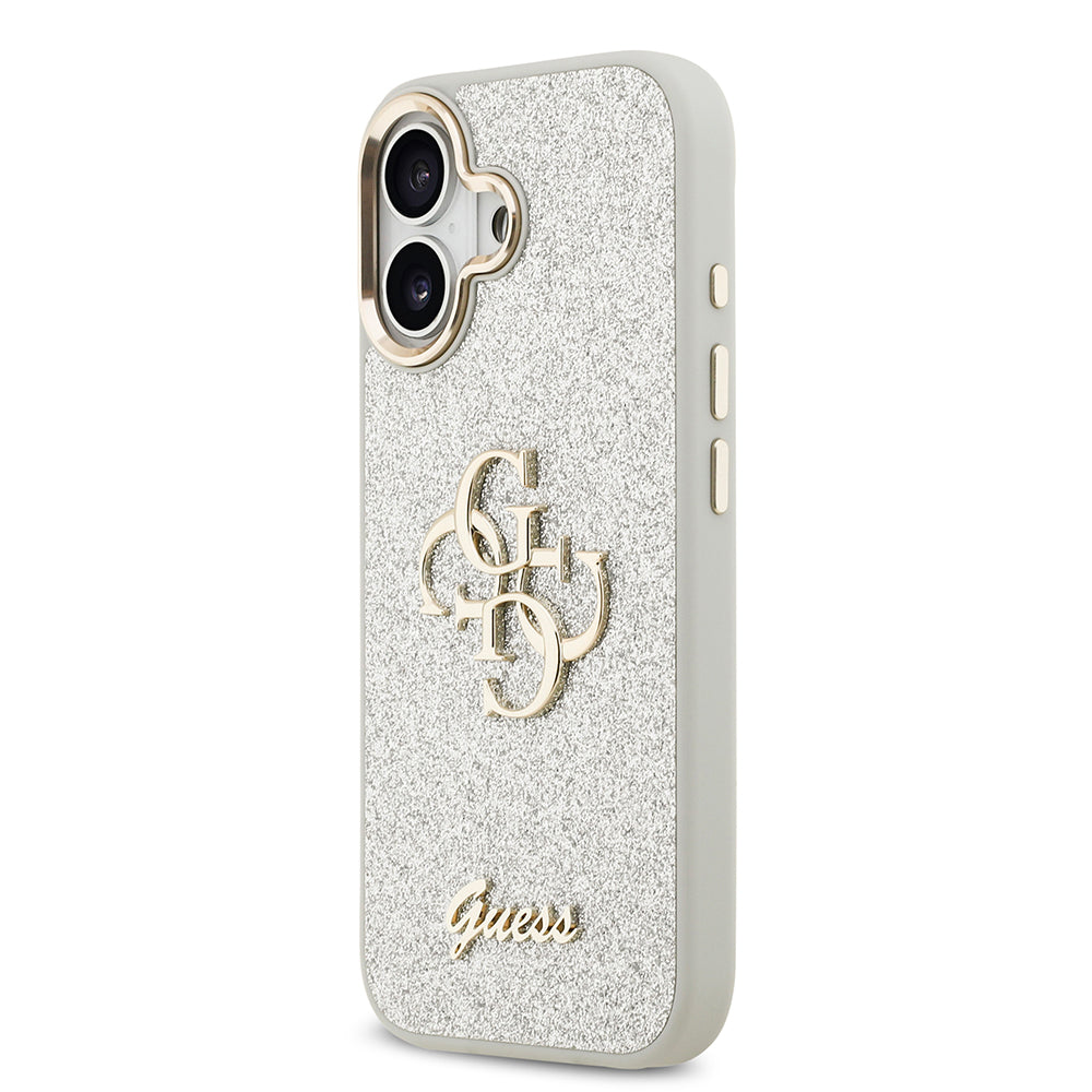 Apple iPhone 17 Kılıf Guess Orjinal Lisanslı 4G Büyük Metal Kamera Çerçeveli ve Logolu Glitter Kapak Gri