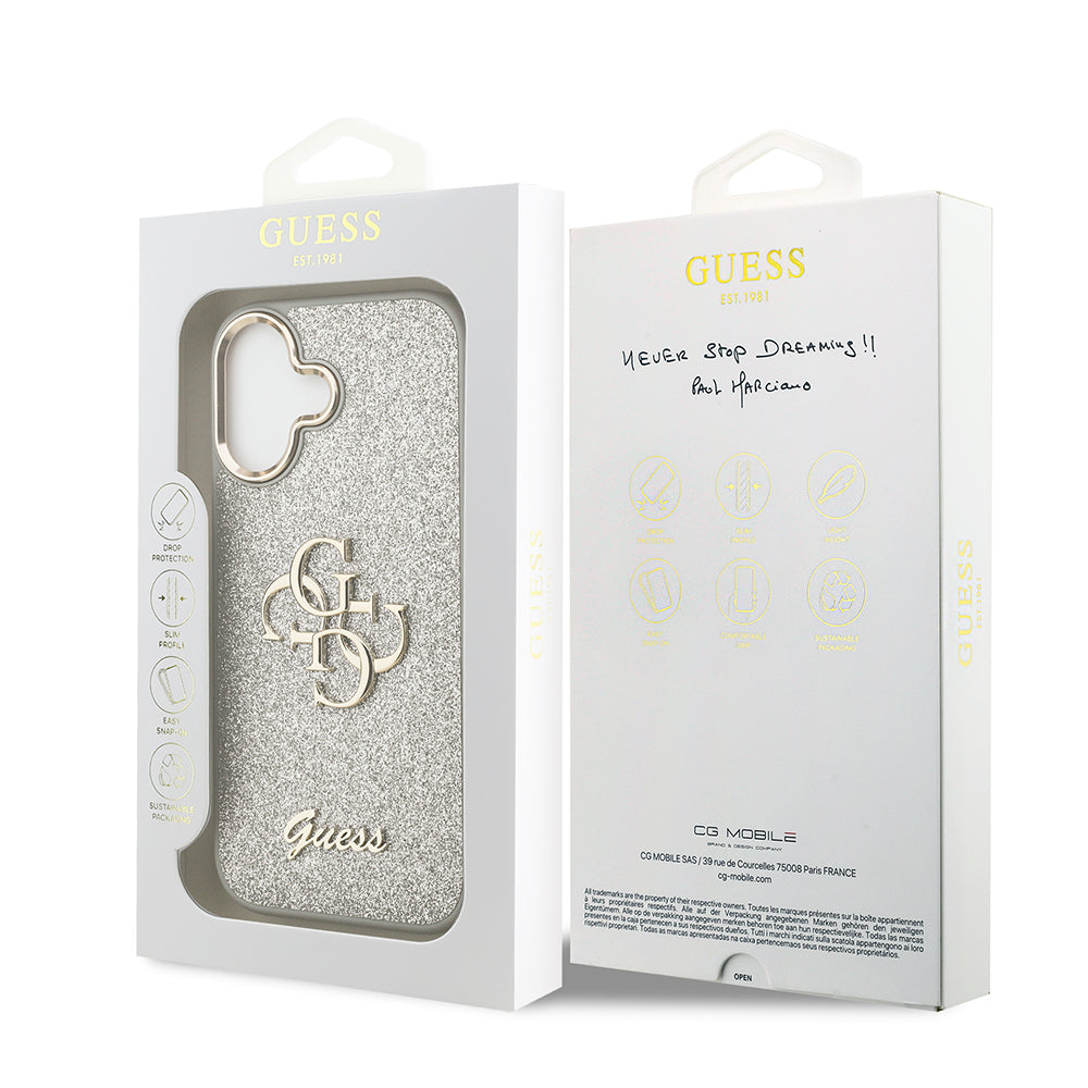 Apple iPhone 17 Kılıf Guess Orjinal Lisanslı 4G Büyük Metal Kamera Çerçeveli ve Logolu Glitter Kapak Gri