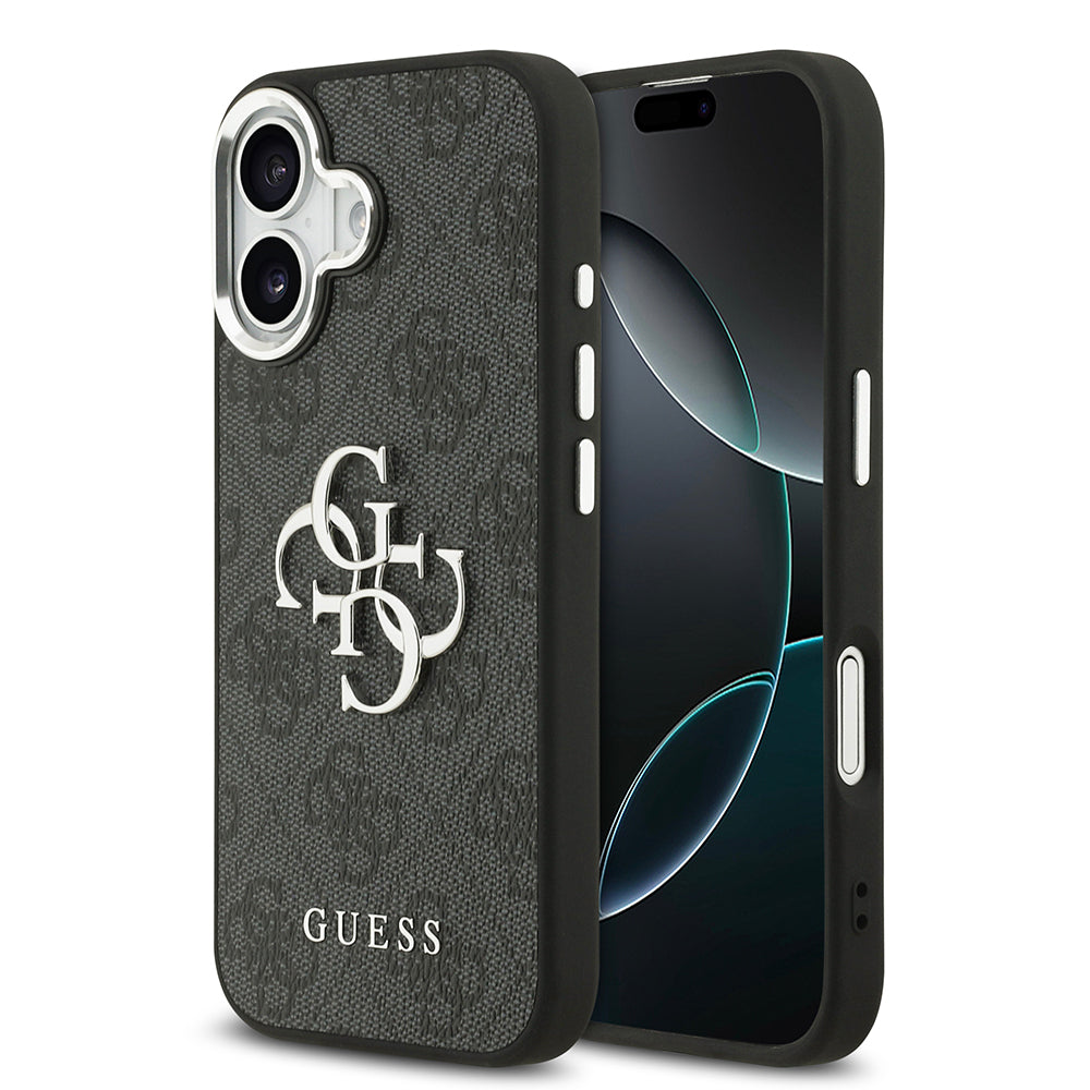 Apple iPhone 17 Kılıf Guess Orjinal Lisanslı Gümüş Metal Kamera Çerçeveli 4G Desenli Metal Büyük 4G ve Yazı Logolu Kapak