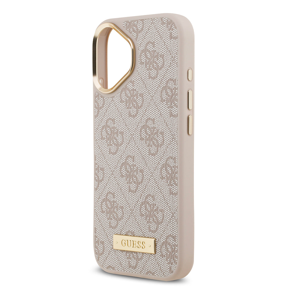 Apple iPhone 17 Kılıf Guess Orjinal Lisanslı M-safe Şarj Özellikli 4G Desenli PU Metal Plaka Klasik Logolu Kapak Kahverengi