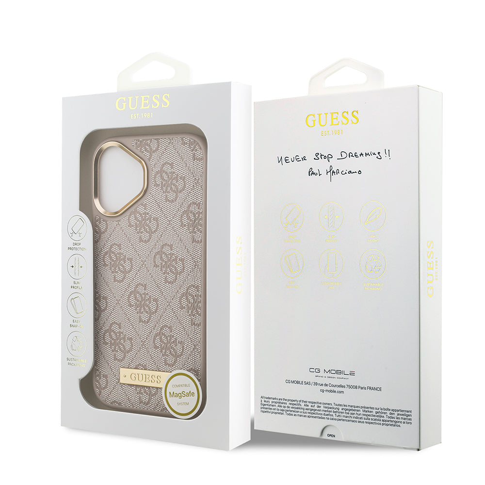 Apple iPhone 17 Kılıf Guess Orjinal Lisanslı M-safe Şarj Özellikli 4G Desenli PU Metal Plaka Klasik Logolu Kapak Pembe