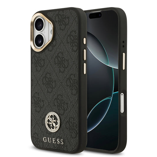 Apple iPhone 17 Kılıf Guess Orjinal Lisanslı M-safe Şarj Özellikli Gold Metal Kamera Çerçeveli Taşlı 4G Logolu Kapak