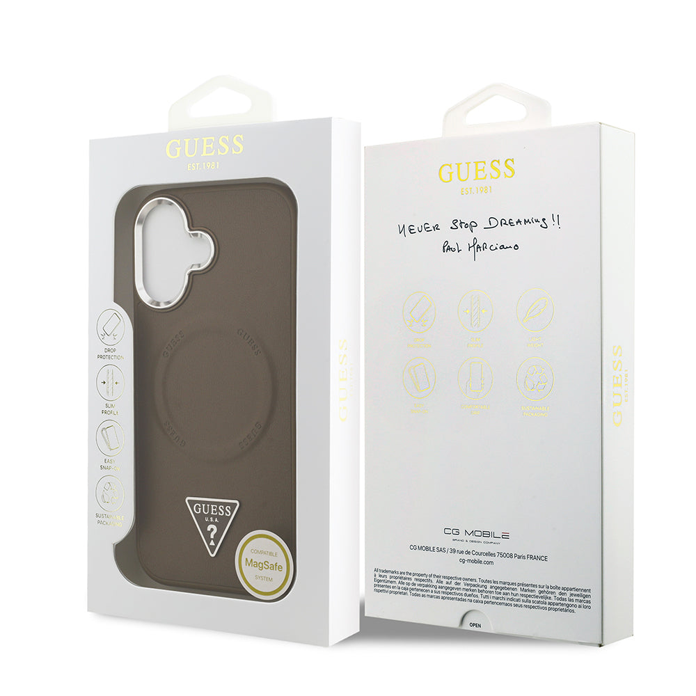 Apple iPhone 17 Kılıf Guess Orjinal Lisanslı M-safe Şarj Özellikli PU Deri Metal Kamera Çerçeveli Üçgen Logolu Kapak Kahverengi