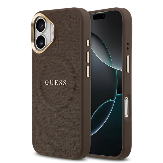 Apple iPhone 17 Kılıf Guess Orjinal Lisanslı M-safe Şarj Özellikli Sıcak Baskılı Yazı Logolu PU Deri Peony Kapak Kahverengi