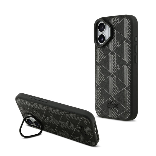 Apple iPhone 17 Kılıf Lacoste Orjinal Lisanslı M-safe Şarj Özellikli Standlı PU Deri Karışık Monogram Desenli Kapak Siyah