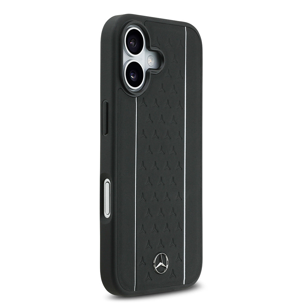 Apple iPhone 17 Kılıf Mercedes Benz Orjinal Lisanslı M-safe Şarj Özellikli Şeritli Yıldız Desenli Metal Logolu Deri Kapak Siyah